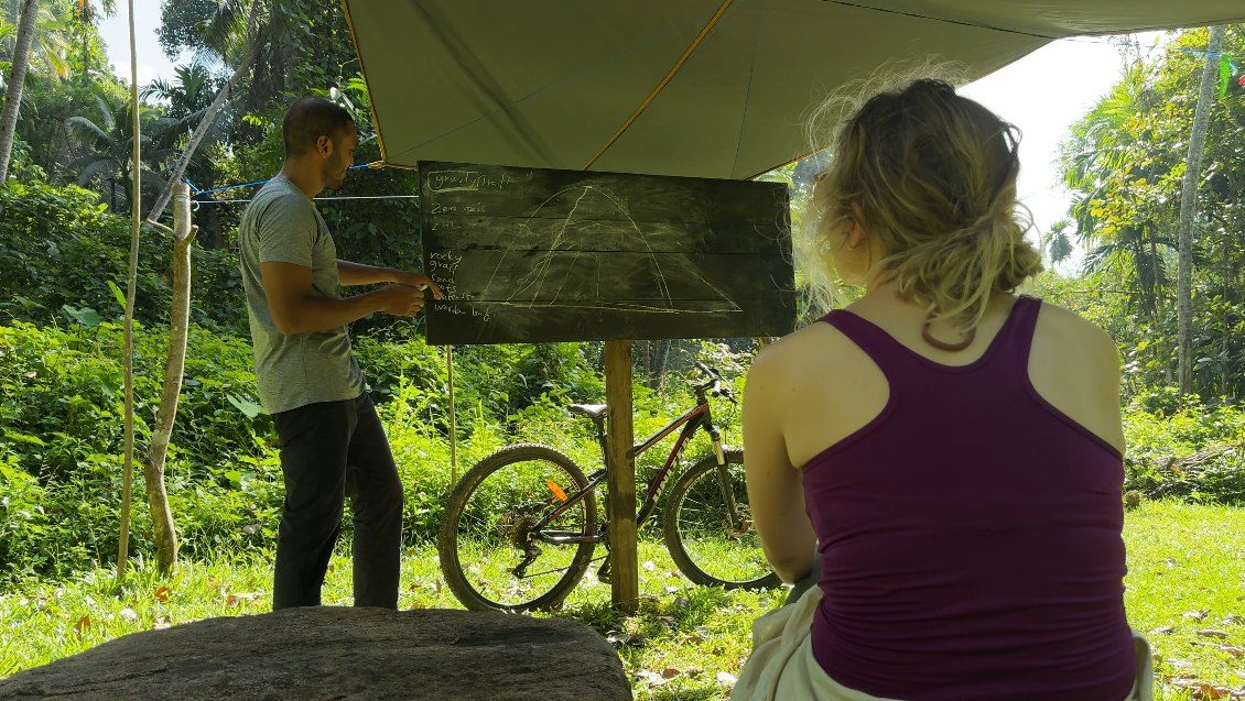 A guide draws the trail on a chalkboard while a guest watches